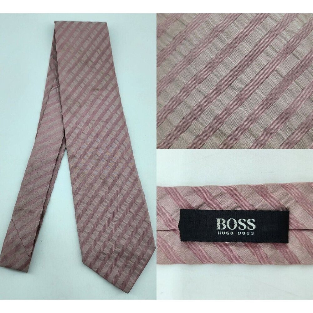 BOSS Hugo Boss Pink‎ Striped Seersucker 100% Silk Neck Tie